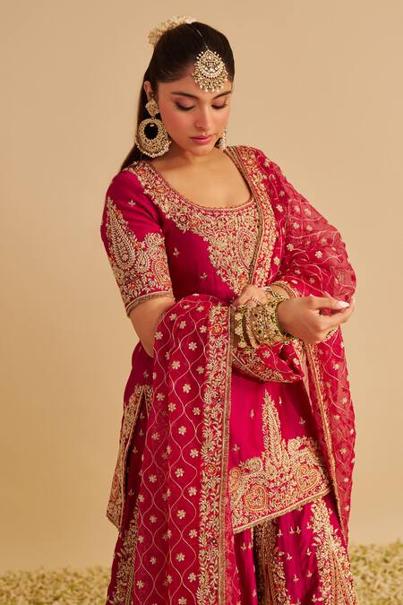 Shop_Sheetal Batra_Fuchsia Chanderi , Organza Embroidery, Zari Alina Kurta Sharara Set _Online_at_Aza_Fashions