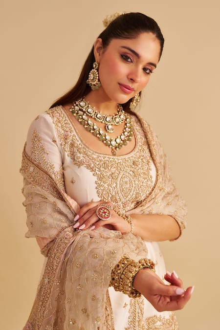 Sheetal Batra_Ivory Chanderi , Organza Embroidery, Zari, Alina Kurta Sharara Set _Online_at_Aza_Fashions