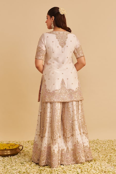 Shop_Sheetal Batra_Ivory Chanderi , Organza Embroidery, Zari, Alina Kurta Sharara Set _at_Aza_Fashions