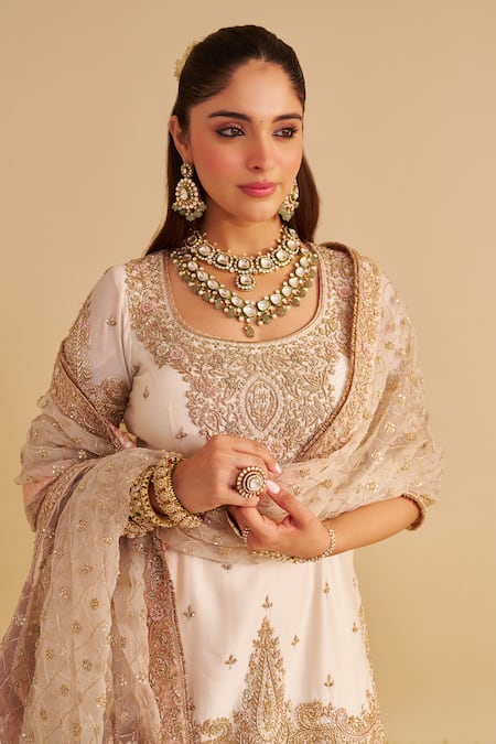 Buy_Sheetal Batra_Ivory Chanderi , Organza Embroidery, Zari, Alina Kurta Sharara Set _Online_at_Aza_Fashions
