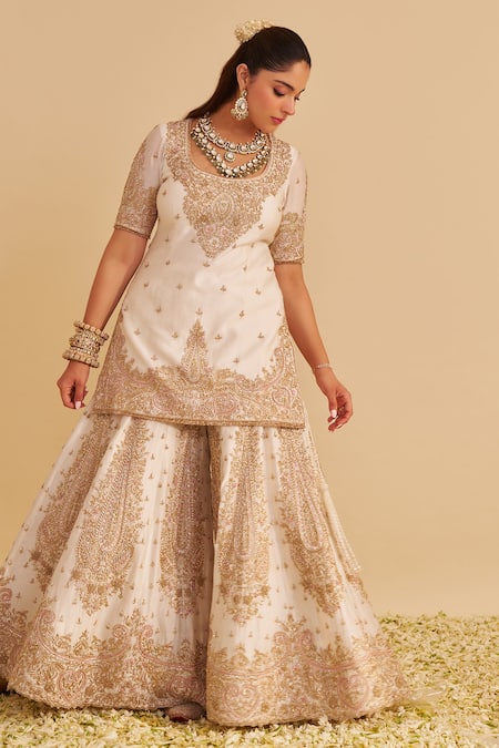 Sheetal Batra_Ivory Chanderi , Organza Embroidery, Zari, Alina Kurta Sharara Set _at_Aza_Fashions