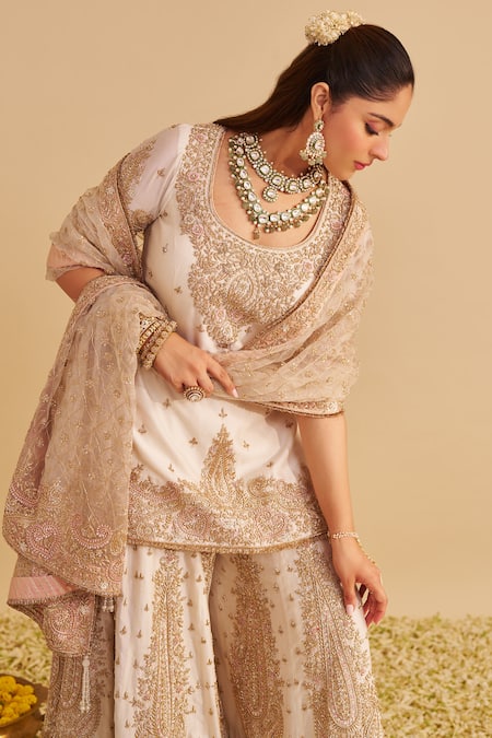 Buy_Sheetal Batra_Ivory Chanderi , Organza Embroidery, Zari, Alina Kurta Sharara Set 