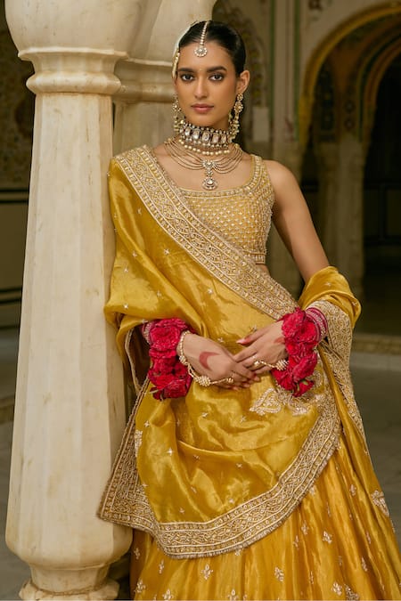 Sheetal Batra_Mustard Silk, Tissue Embroidery, Zari, Sequins, Stones, Aashina Lehenga Set _Online_at_Aza_Fashions