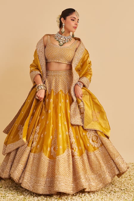 Buy_Sheetal Batra_Mustard Silk, Tissue Embroidery, Zari, Sequins, Stones, Aashina Lehenga Set _Online_at_Aza_Fashions