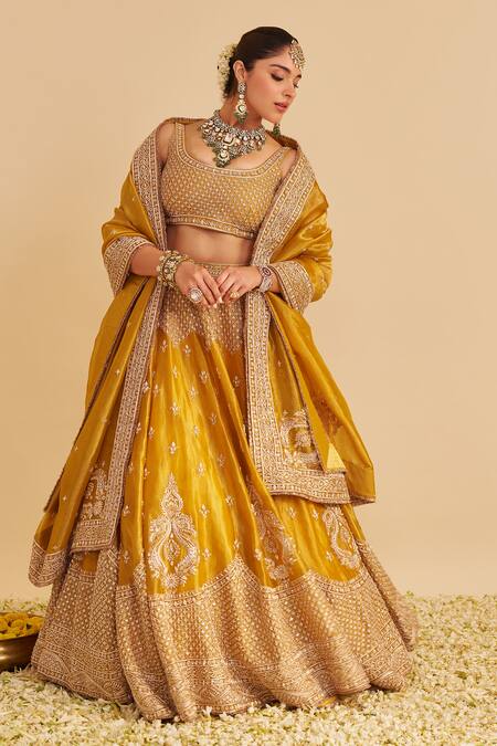 Shop_Sheetal Batra_Mustard Silk, Tissue Embroidery, Zari, Sequins, Stones, Aashina Lehenga Set _Online_at_Aza_Fashions