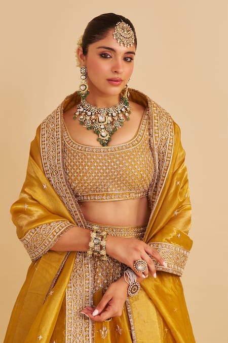 Sheetal Batra_Mustard Silk, Tissue Embroidery, Zari, Sequins, Stones, Aashina Lehenga Set _at_Aza_Fashions