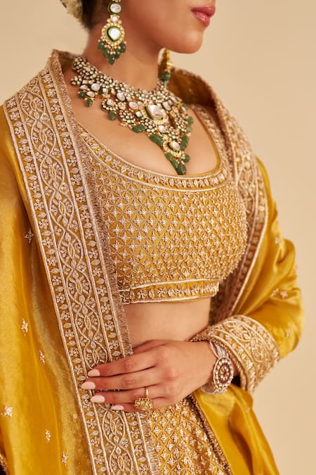 Buy_Sheetal Batra_Mustard Silk, Tissue Embroidery, Zari, Sequins, Stones, Aashina Lehenga Set 
