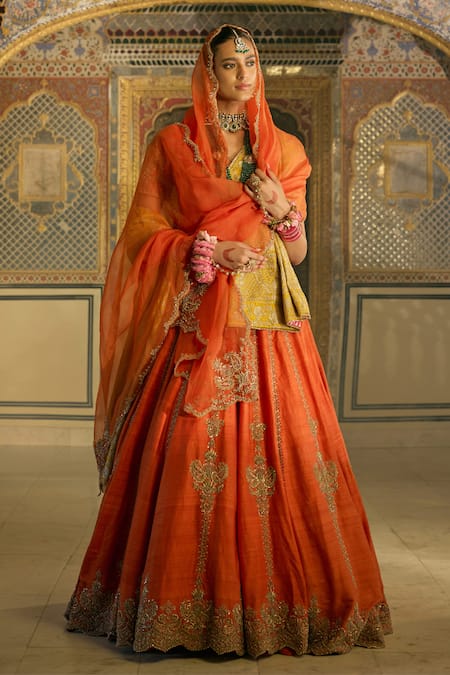 Sheetal Batra_Orange , Organza Embroidery, Zari, Sequins Naazila Lehenga Blouse Set _Online_at_Aza_Fashions