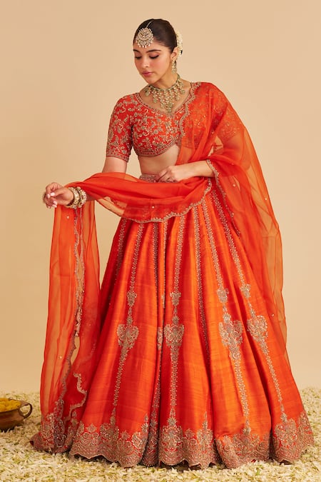 Sheetal Batra_Orange , Organza Embroidery, Zari, Sequins Naazila Lehenga Blouse Set _at_Aza_Fashions