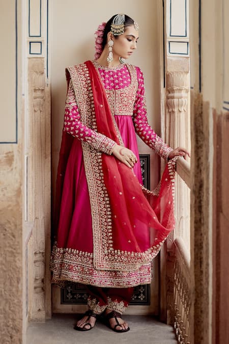 Shop_Sheetal Batra_Fuchsia Organza, Chanderi , Cotton, Embroidery, Noor Anarkali Set _Online_at_Aza_Fashions