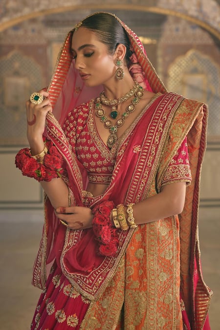 Sheetal Batra_Pink , Organza Embroidery, Zari V-neck Maira Raw Lehenga Set _Online_at_Aza_Fashions