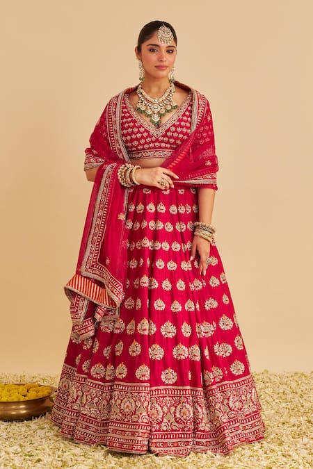 Buy_Sheetal Batra_Pink , Organza Embroidery, Zari V-neck Maira Raw Lehenga Set _Online_at_Aza_Fashions