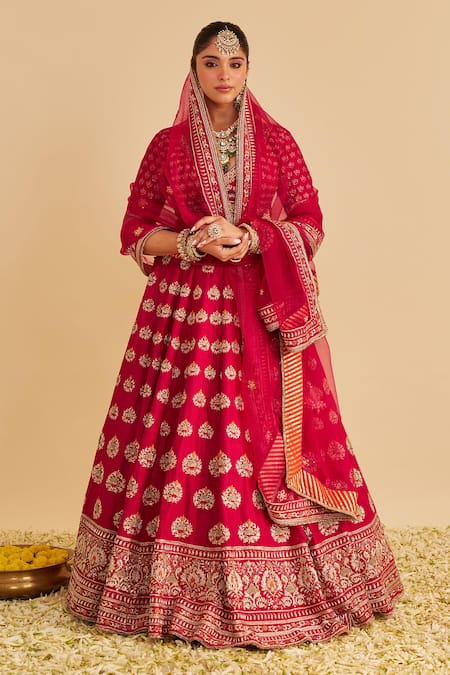 Shop_Sheetal Batra_Pink , Organza Embroidery, Zari V-neck Maira Raw Lehenga Set _Online_at_Aza_Fashions