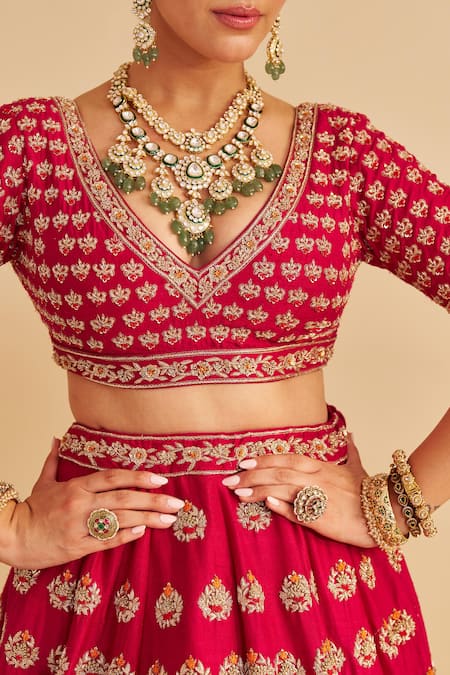 Sheetal Batra_Pink , Organza Embroidery, Zari V-neck Maira Raw Lehenga Set _at_Aza_Fashions