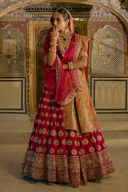 Buy_Sheetal Batra_Pink , Organza Embroidery, Zari V-neck Maira Raw Lehenga Set 