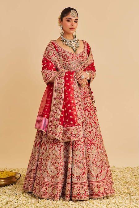 Sheetal Batra_Red , Organza Embroidery, Zari Sweetheart Sanaa Bridal Lehenga Set _Online_at_Aza_Fashions