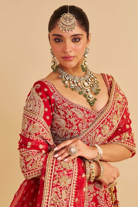 Buy_Sheetal Batra_Red , Organza Embroidery, Zari Sweetheart Sanaa Bridal Lehenga Set _Online_at_Aza_Fashions