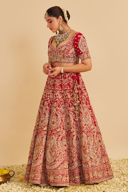 Buy_Sheetal Batra_Red , Organza Embroidery, Zari Sweetheart Sanaa Bridal Lehenga Set 