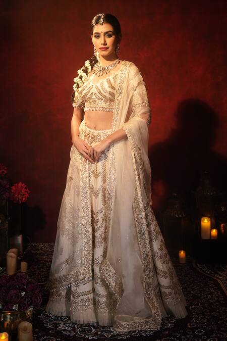 Shop_Archana Kochhar_Ivory Silk, Net Gota Patti, Pearls, Embroidery V-neck Lehenga Set _Online_at_Aza_Fashions