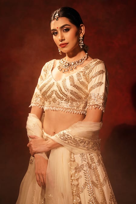 Archana Kochhar_Ivory Silk, Net Gota Patti, Pearls, Embroidery V-neck Lehenga Set _at_Aza_Fashions