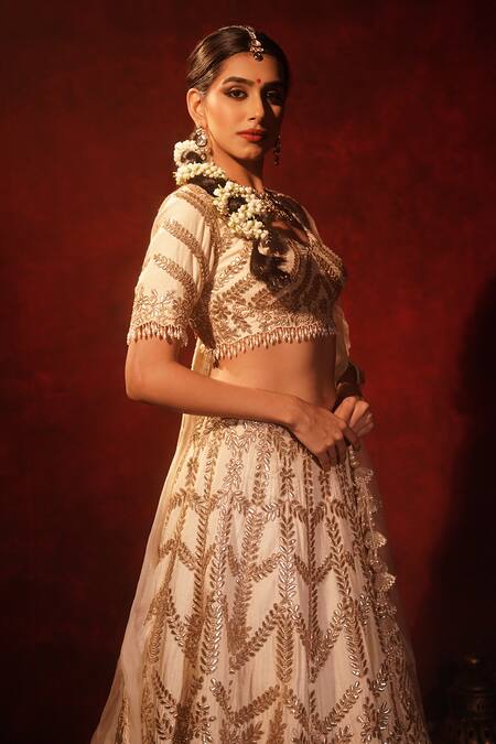 Buy_Archana Kochhar_Ivory Silk, Net Gota Patti, Pearls, Embroidery V-neck Lehenga Set 