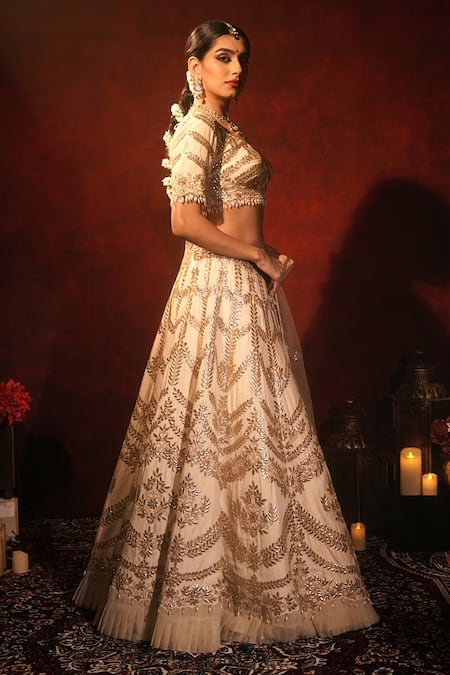 Shop_Archana Kochhar_Ivory Silk, Net Gota Patti, Pearls, Embroidery V-neck Lehenga Set 