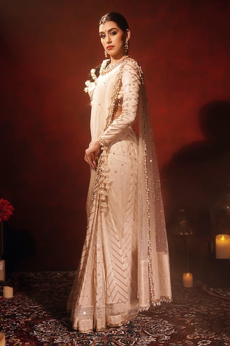 Buy_Archana Kochhar_Ivory Brocade, Silk, Net Zari, Chevron Kali Pre-draped Saree With Blouse _Online_at_Aza_Fashions