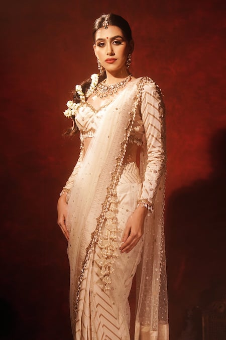 Shop_Archana Kochhar_Ivory Brocade, Silk, Net Zari, Chevron Kali Pre-draped Saree With Blouse _Online_at_Aza_Fashions