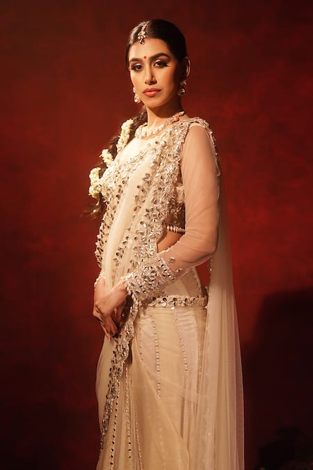 Buy_Archana Kochhar_Ivory Georgette, Net Gota Patti, Mirrors, Kali Pre-draped Saree With Blouse _Online_at_Aza_Fashions