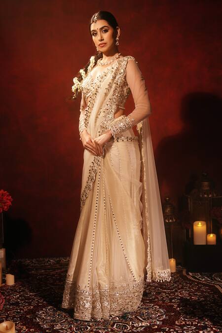 Shop_Archana Kochhar_Ivory Georgette, Net Gota Patti, Mirrors, Kali Pre-draped Saree With Blouse _Online_at_Aza_Fashions