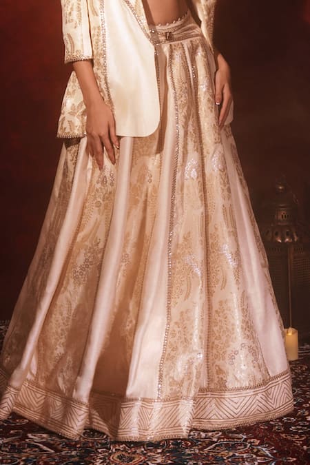 Shop Archana Kochhar Ivory Brocade, Silk Gota Patti, Mirrors, Lace Blazer With Kali Lehenga Set Online at Aza Fashions Shop_Archana Kochhar_Ivory Brocade, Silk Gota Patti, Mirrors, Lace Blazer With Kali Lehenga Set _Online_at_Aza_Fashions