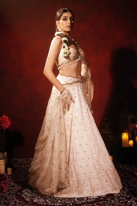 Buy_Archana Kochhar_Ivory Silk, Organza Embroidery, Gota Patti, Zari, Ethereal Lucknowi Lehenga Set _Online_at_Aza_Fashions