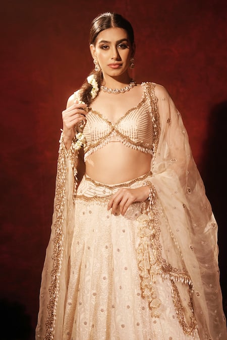 Shop_Archana Kochhar_Ivory Silk, Organza Embroidery, Gota Patti, Zari, Ethereal Lucknowi Lehenga Set _Online_at_Aza_Fashions