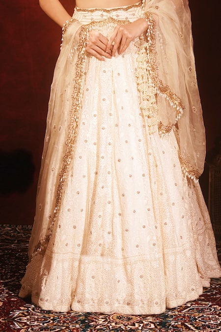 Archana Kochhar_Ivory Silk, Organza Embroidery, Gota Patti, Zari, Ethereal Lucknowi Lehenga Set _at_Aza_Fashions