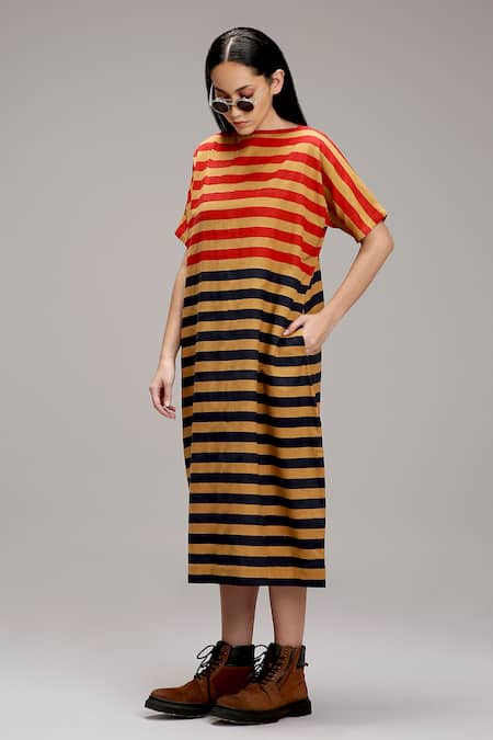 MATI_1_Brown Cotton Round Neck Striped Midi Dress _Online_at_Aza_Fashions