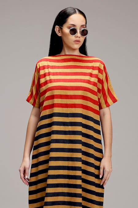 Buy_MATI_1_Brown Cotton Round Neck Striped Midi Dress _Online_at_Aza_Fashions