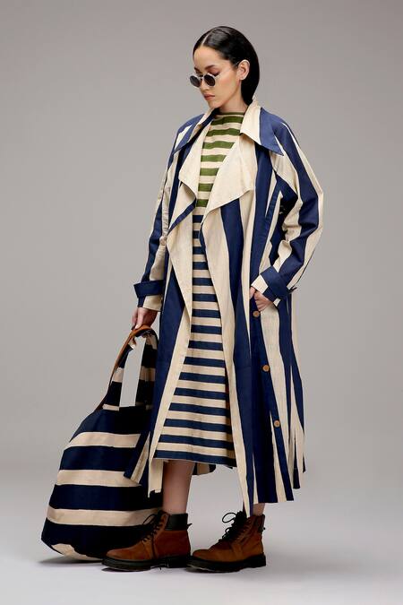 MATI_1 Off White Cotton Embroidery Round Neck, Striped Midi Dress And Longline Jacket Set Online at Aza Fashions MATI_1_Off White Cotton Embroidery Round Neck, Striped Midi Dress And Longline Jacket Set _Online_at_Aza_Fashions