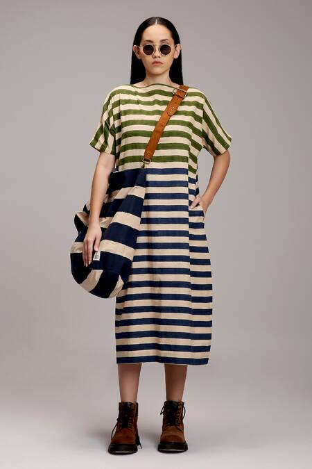 Shop MATI_1 Off White Cotton Embroidery Round Neck, Striped Midi Dress And Longline Jacket Set Online at Aza Fashions Shop_MATI_1_Off White Cotton Embroidery Round Neck, Striped Midi Dress And Longline Jacket Set _Online_at_Aza_Fashions