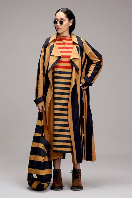 MATI_1 Brown Cotton Embroidery Crew Neck, Open Striped Midi Dress And Long Jacket Set Online at Aza Fashions MATI_1_Brown Cotton Embroidery Crew Neck, Open Striped Midi Dress And Long Jacket Set _Online_at_Aza_Fashions