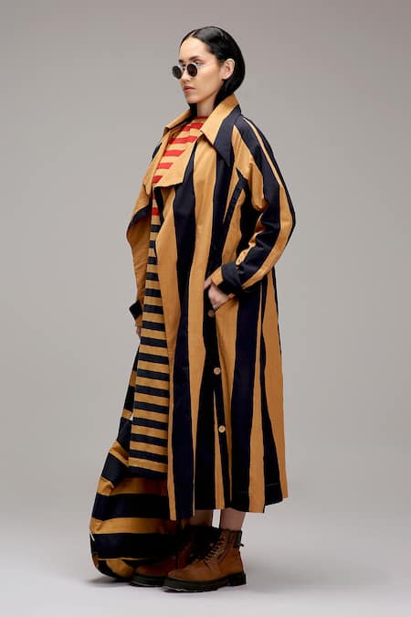 Buy MATI_1 Brown Cotton Embroidery Crew Neck, Open Striped Midi Dress And Long Jacket Set Online at Aza Fashions Buy_MATI_1_Brown Cotton Embroidery Crew Neck, Open Striped Midi Dress And Long Jacket Set _Online_at_Aza_Fashions