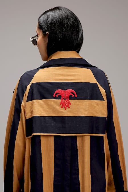 Shop MATI_1 Brown Cotton Embroidery Crew Neck, Open Striped Midi Dress And Long Jacket Set Online at Aza Fashions Shop_MATI_1_Brown Cotton Embroidery Crew Neck, Open Striped Midi Dress And Long Jacket Set _Online_at_Aza_Fashions