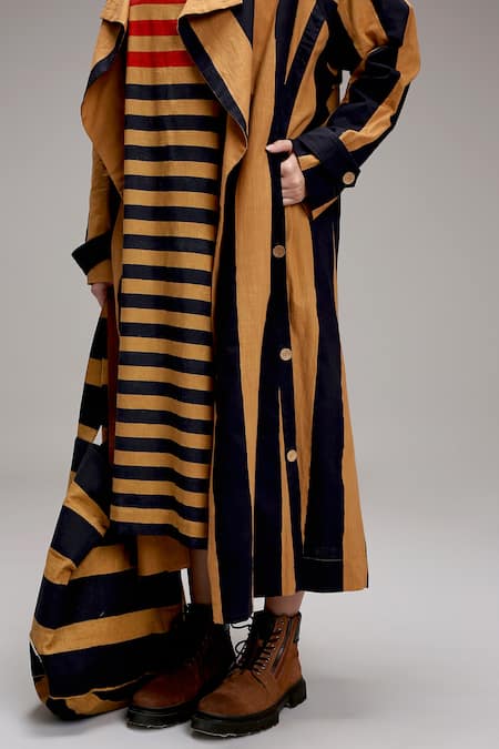 Buy MATI_1 Brown Cotton Embroidery Crew Neck, Open Striped Midi Dress And Long Jacket Set Buy_MATI_1_Brown Cotton Embroidery Crew Neck, Open Striped Midi Dress And Long Jacket Set