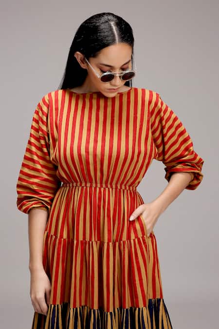 Buy_MATI_1_Brown Cotton Boat Neck Striped Tiered Midi Dress _Online_at_Aza_Fashions