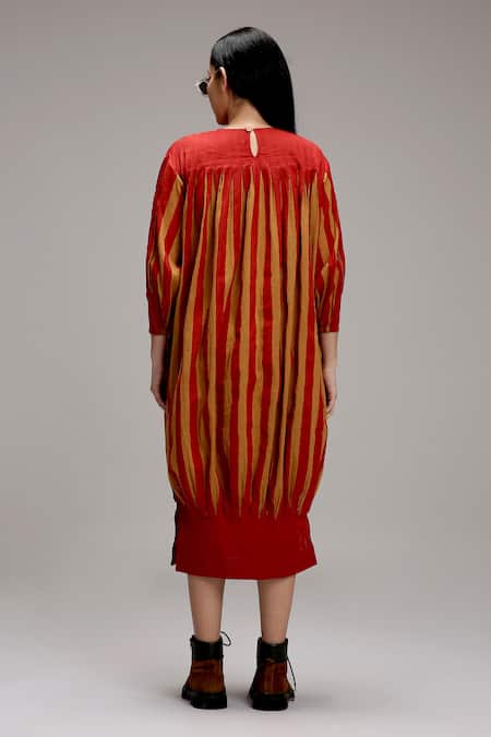 MATI_1 Pleated Stripe Cotton Midi Dress 