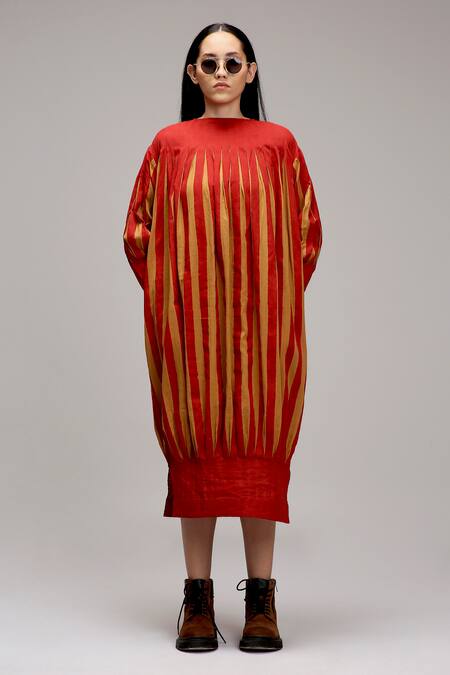 MATI_1_Brown Cotton Round Neck Pleated Stripe Midi Dress _Online_at_Aza_Fashions