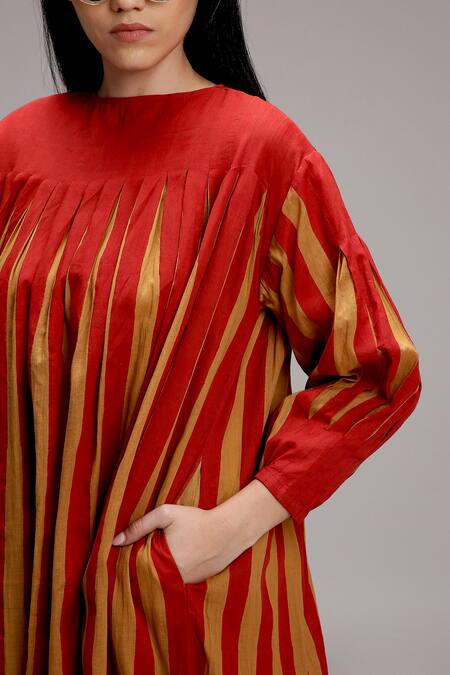 Buy_MATI_1_Brown Cotton Round Neck Pleated Stripe Midi Dress _Online_at_Aza_Fashions