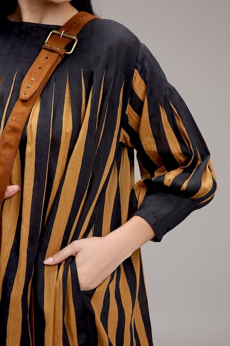 MATI_1 Brown Cotton Round Neck Striped Gathered Midi Dress Online at Aza Fashions MATI_1_Brown Cotton Round Neck Striped Gathered Midi Dress _Online_at_Aza_Fashions