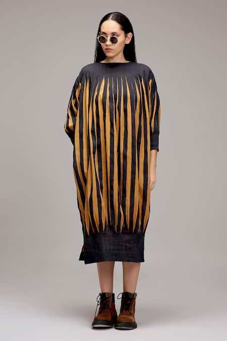 Buy MATI_1 Brown Cotton Round Neck Striped Gathered Midi Dress Online at Aza Fashions Buy_MATI_1_Brown Cotton Round Neck Striped Gathered Midi Dress _Online_at_Aza_Fashions