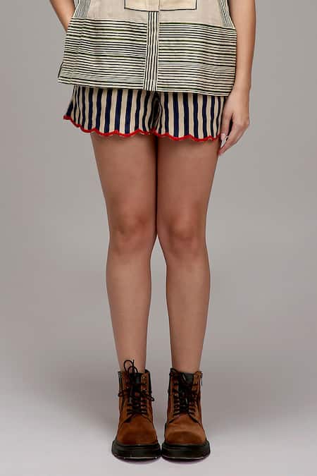 MATI_1_Off White Cotton Embroidery Collared Joker Motif Striped Shirt With Shorts _Online_at_Aza_Fashions