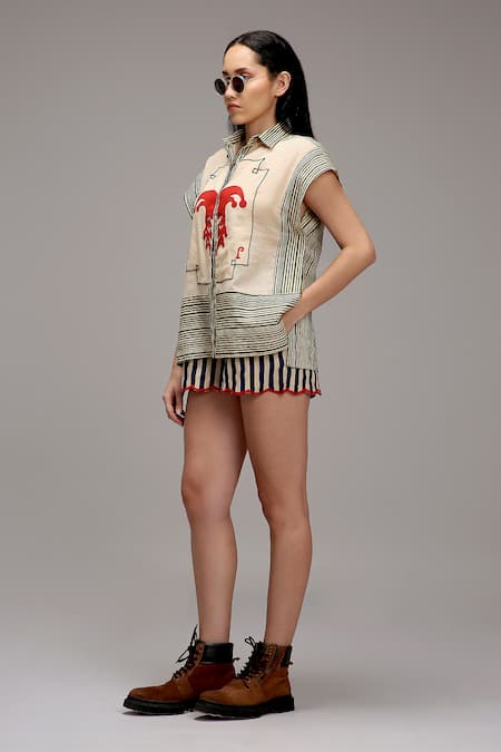 Buy_MATI_1_Off White Cotton Embroidery Collared Joker Motif Striped Shirt With Shorts _Online_at_Aza_Fashions